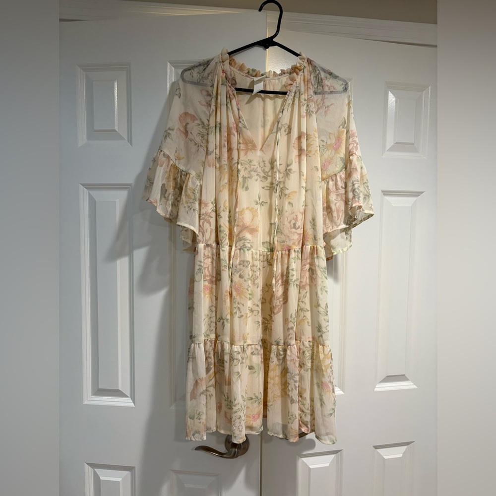 Floral BabyDoll Dress with Ruffle Sleeves Neutral Size XL Spring Pastel
